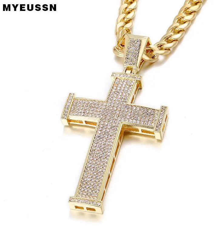 Iced Out Сияющий Кристалл крест кулон золото/серебро мужчины модное ожерелье в форме Креста цепи мужчины Рэппер Куба ожерелье - Окраска металла: Big Gold Cross
