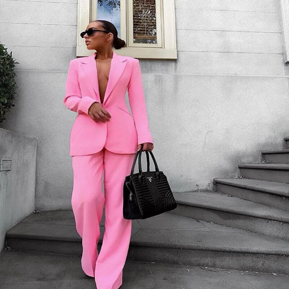 

2019 new Pink Two 2 pieces Set Coat And Pantd Sexy V Neck Summer Women Suit Fashion Verano Celebrity Party Wholesale