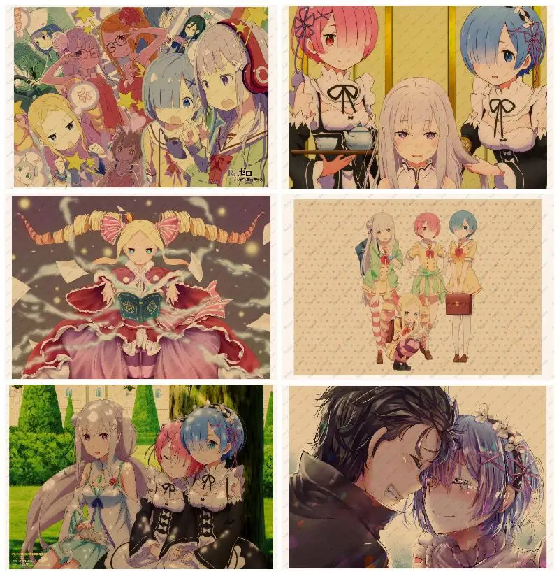 

Re:Life in a different world from zero kraft poster wall sticker Japanese anime Rem Emilia Ram Retro Poster Rart.2