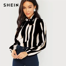 SHEIN Полосатая Блуза С Воротником-Бантом Женская Весенняя Классическая Блузка С Длинными Рукавами