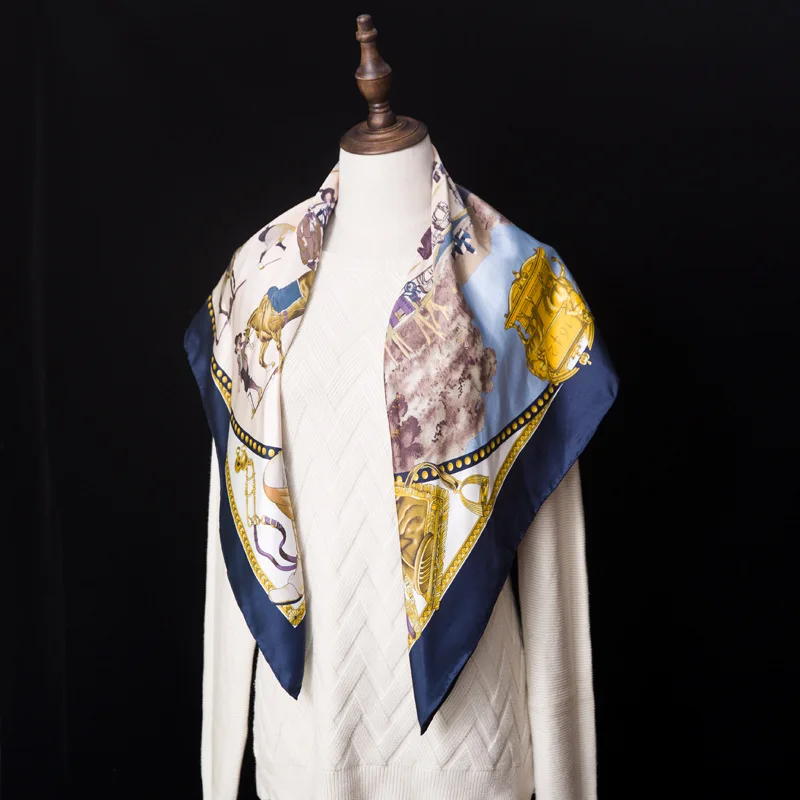 100% шарф из шелковой саржи Для женщин платочная повязка на голову хиджаб платок шарфы пончо Элитный бренд лошадь рыцаря узор 90*90 см