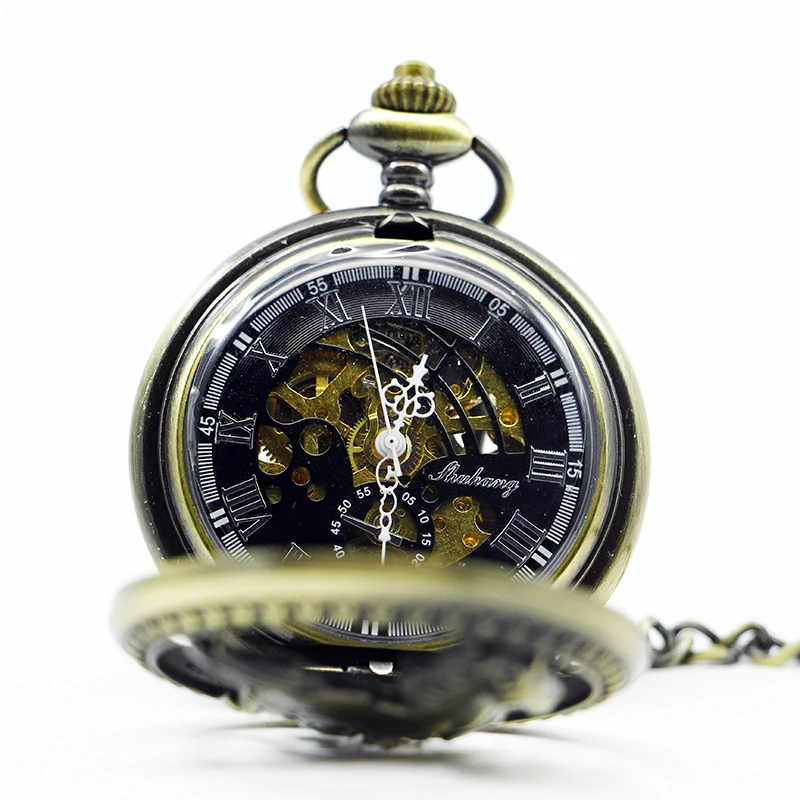 Винтажные бронзовые мощные лошадиные полые механические карманные часы Скелет ручной подвесной медальон ожерелье цепь