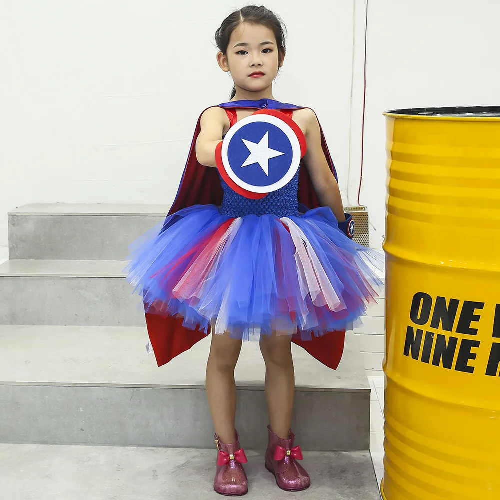 free shipping superhero girl american cosplay tutu dress blue red
