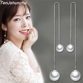 

Simple Jewelry 925 Sterling Silver Double Pearl Earrings For Women Long Earring Pendientes Mujer eh323