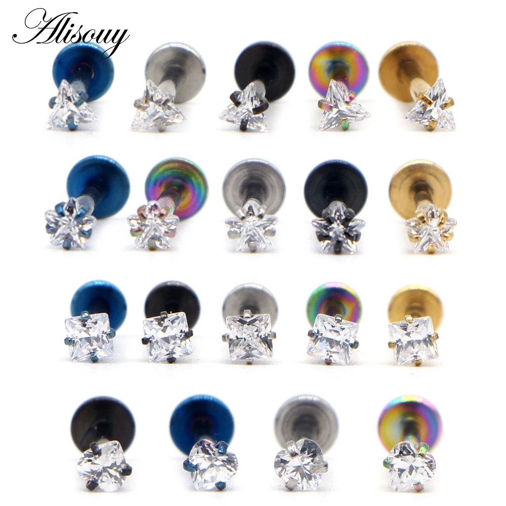 

Alisouy 1 PCS Silver Black Labret Lip Ring Zircon Anodized Internally Threaded Prong Gem 16G Tragus Helix Ear Piercing