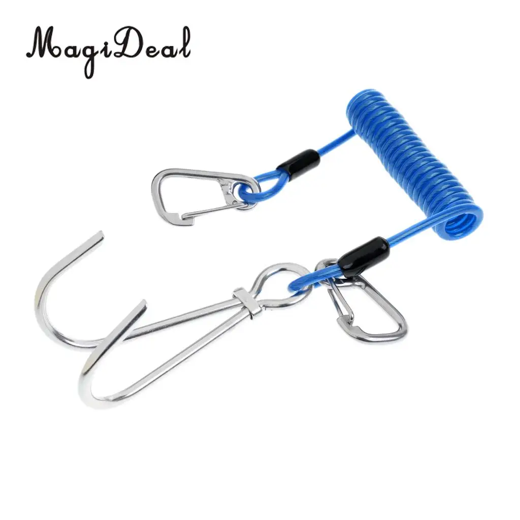 MagiDeal High Strength Scuba Diving Reef Double Hooks&Spiral Coil Lanyard+Carabiner Kit for Drift Dive Swiming Underwater Sport
