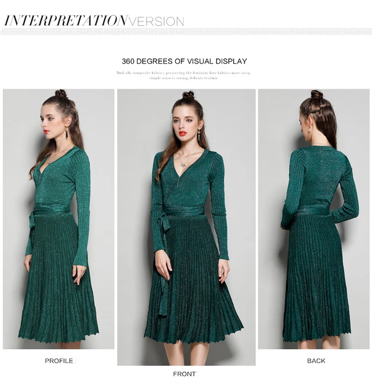 YuooMuoo Новинка европейский стиль с v-образным вырезом элегантное женское осеннее платье модное блестящее зеленое вязаное платье Плиссированное зимнее женское платье