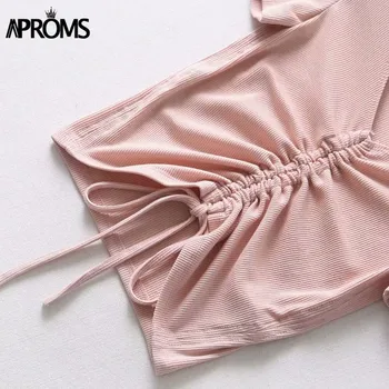 Aproms Sexy V Neck Cropped Tank Tops Women Drawstring Tie Up Front Camis Candy Colors Streetwear Slim Fit Ribbed Crop Top 2020 10