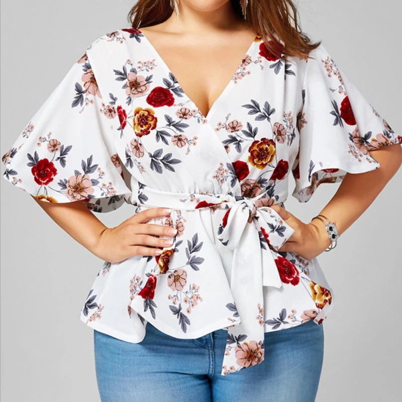 

Helisopus Women's Blouse Plus Size Sexy V Neck Floral Print Flare Sleeve Belted Peplum Tops And Blouse Blusas Feminina