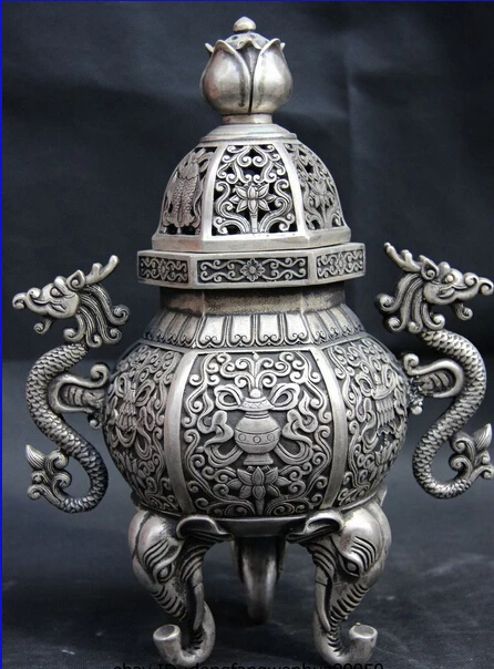 

bi003773 China Royal White Copper Silver Eight treasures Dragon God Incense Burner Censer