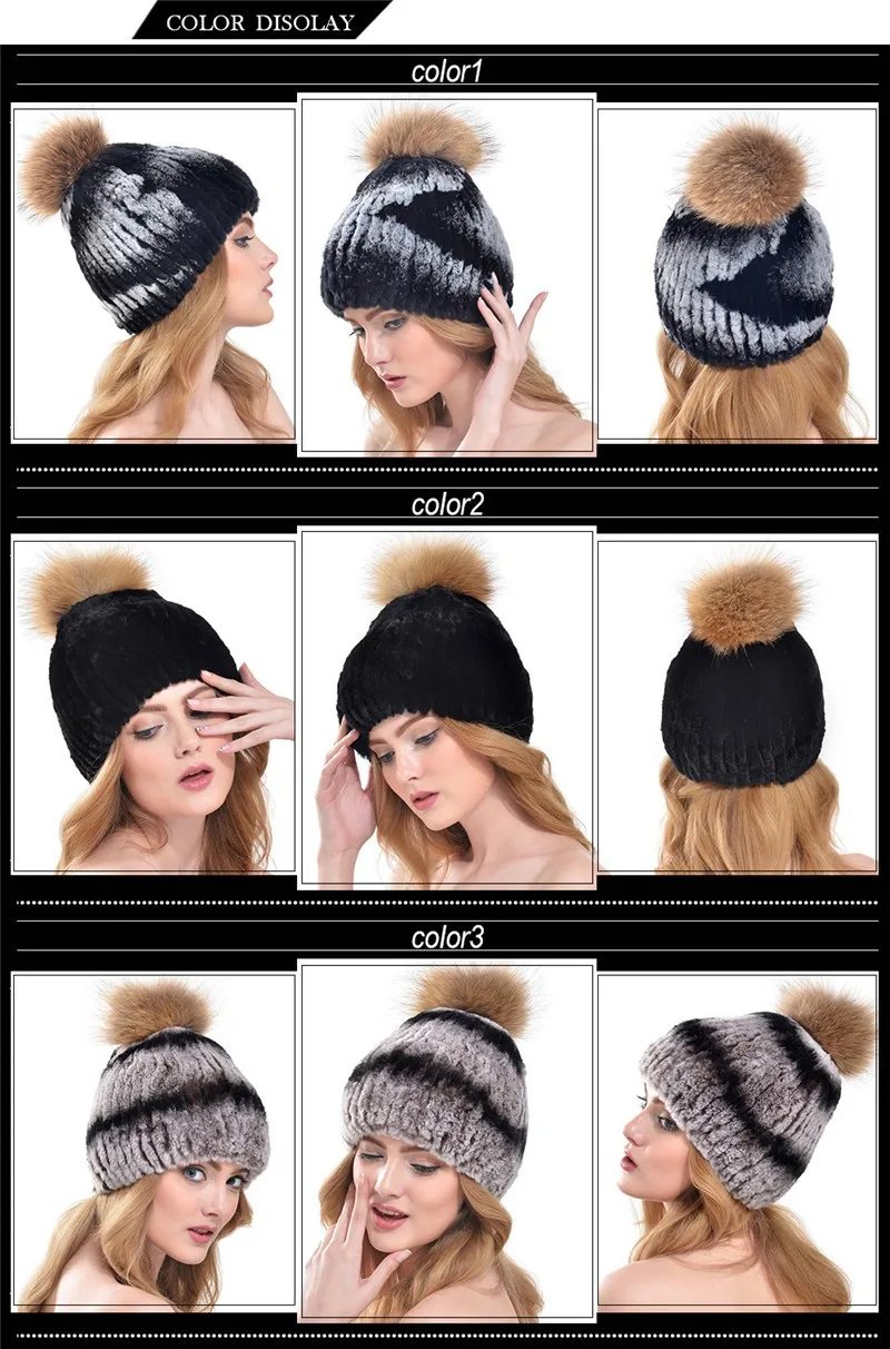 New Fashion Natural Fur Caps Women Real Rex Rabbit Fur Hat With Fur Raccoon Fur Pom Poms Knit Caps LH344