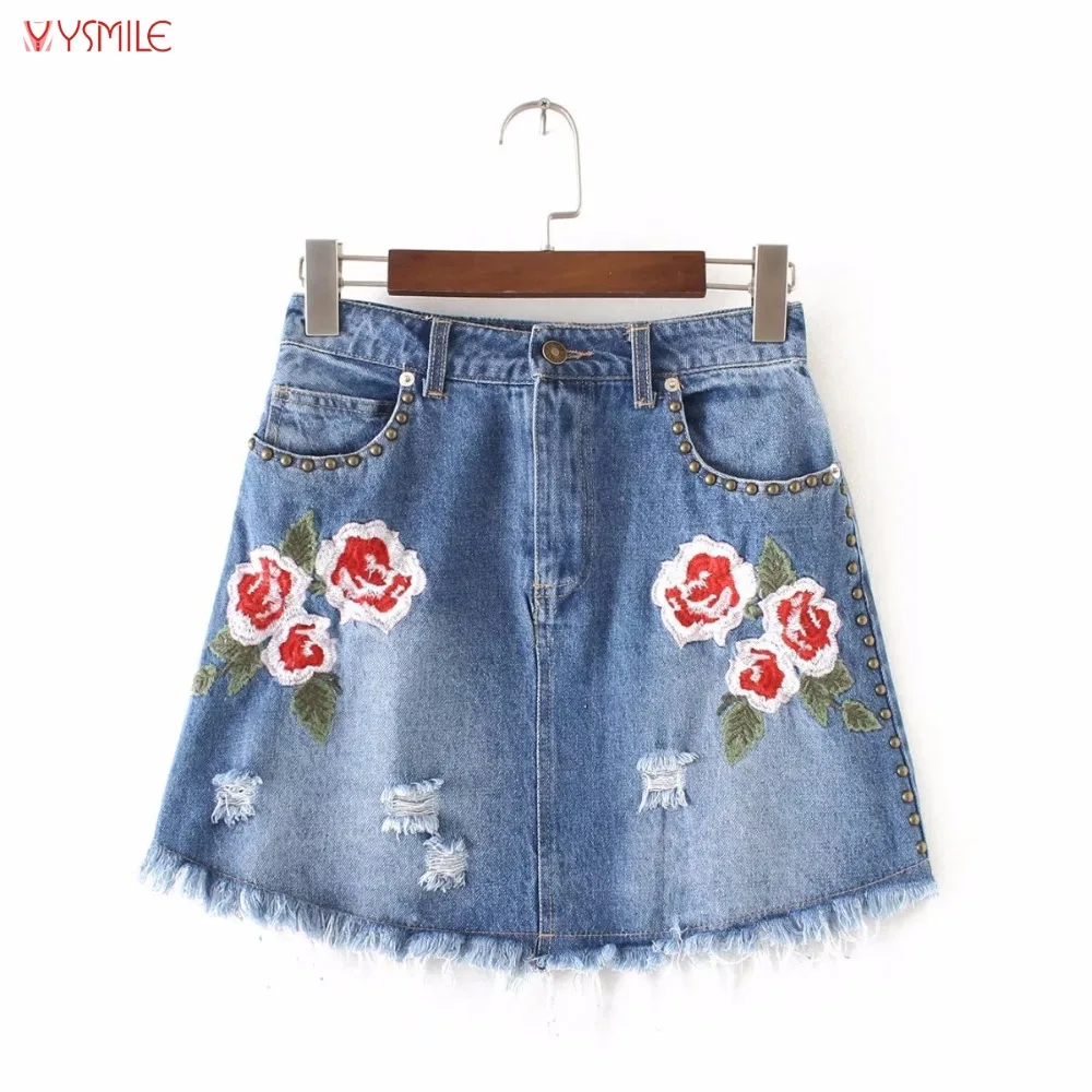 Hot Summer Wear Women Mini Jeans Skirt Floral Embroidery Fashion Rivet
