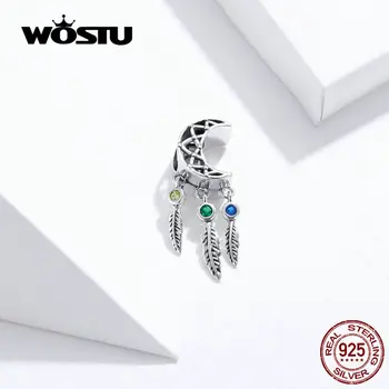 

WOSTU Moon Dreamcatcher Feather Charms 100% Real Sterling Silver Fit Bracelet & Bangle Pendant For Women Jewely FIC1232