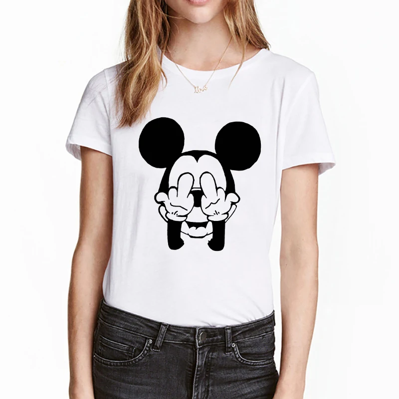 

2019 New T shirt Women Fashion T shirts Naughty Mickey Mouse O-neck Women Short sleeve funny gesture printing harajuku girl Tops