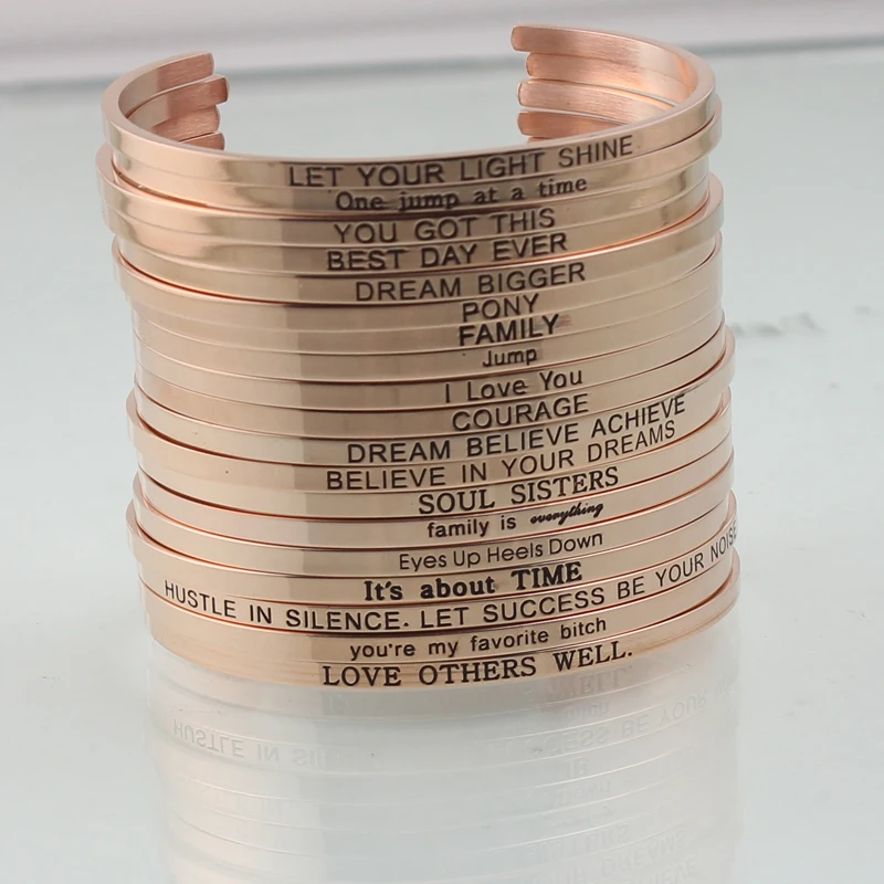 

Stainless Steel Rose Gold Engraved Inspirational Quotes Bangle Bar Mantra Love Bracelets For Women Men Cuff Bracelets Bangles