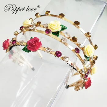 

Wedding Headband For Bridal Handmade Rhinestone Tiara Crown Rose Flower Hair Accessories Elegant Headpiece Women Adjustable