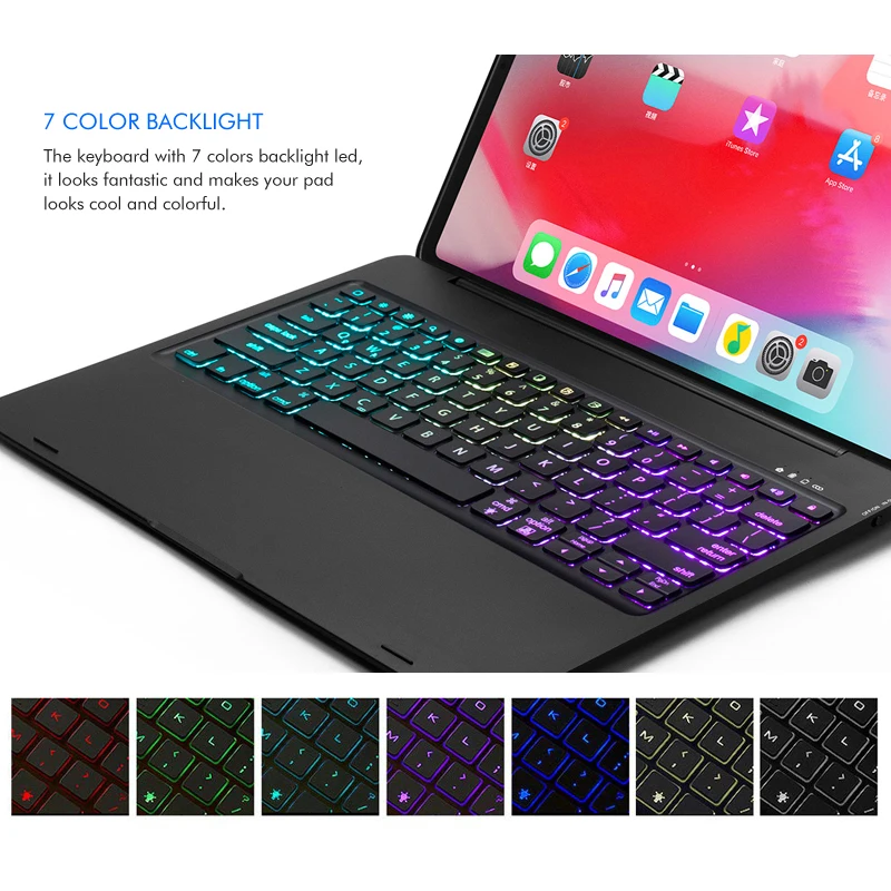 [Новое] Bluetooth Беспроводной клавиатура чехол для Apple iPad Pro 12,", думаю, что клавиатура с 7-Цвет со светодиодной подсветкой и Smart Sleep/Wake-up