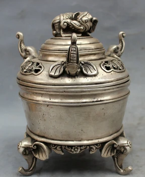 

song voge gem S2420 8" Chinese Silver Folk Elephant Head BAT Statue Buddhism Incense Burner Censer