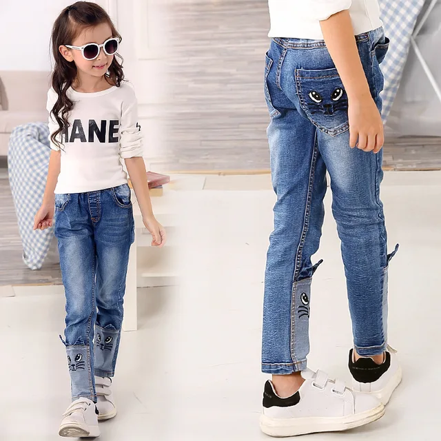 Spring Autumn 2017 Stereo Cat Jeans For Girls Kids Ripped Jeans Fashion