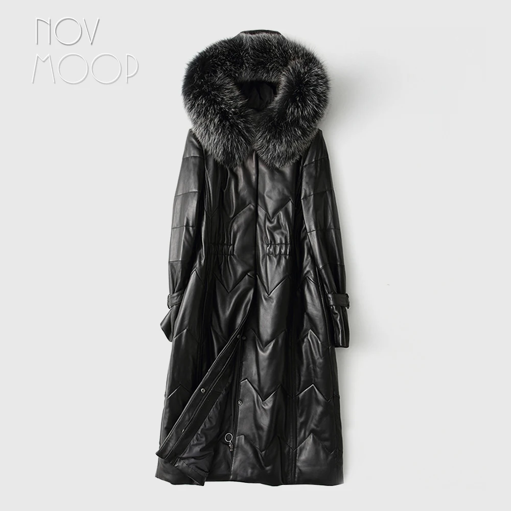 

Novmoop black lady jacket sheepskin genuine leather long hooded coat with fox fur collar jaqueta de couro kurtki damskie LT2798