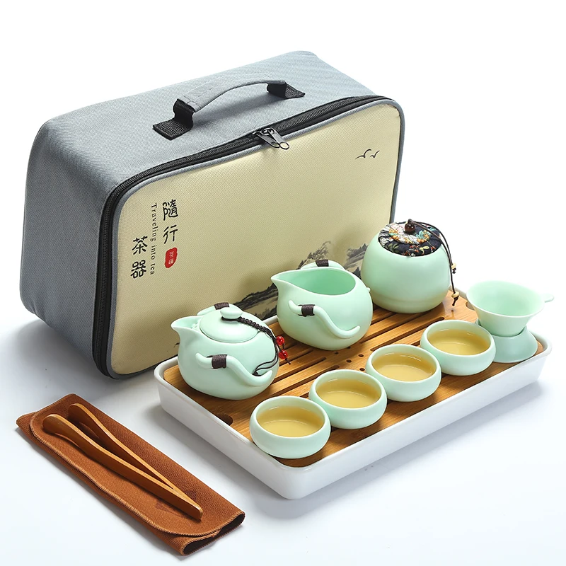  Ceramic travel Kung Fu tea set home teapot cup lid bowl outdoor portable car tea tray travel tea se