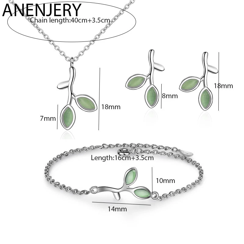 ANENJERY, 925 пробы, серебряные ювелирные наборы, Опаловый лист, бутон, ожерелье+ серьги+ браслет для женщин, девушек, ювелирное изделие, подарок