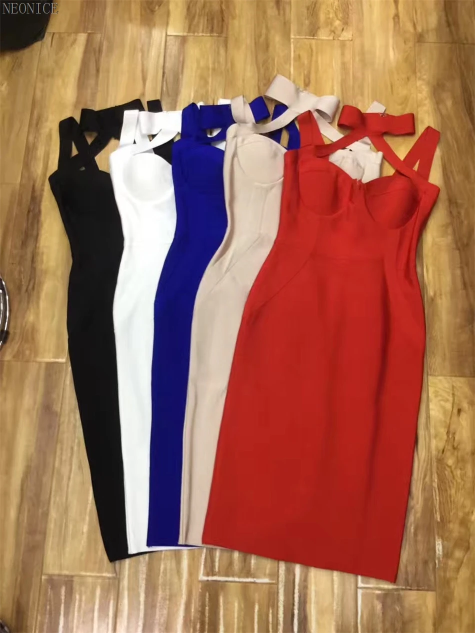 

2017 new bandage dress stretch tight nightclub lady birthday party dinner fashion sexy package hip hanging neck hollow blue red