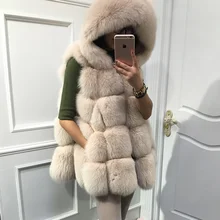 Luxury natural genuine fur female vest , 100% real fox fur women’s winter coat with hood ,warm fur outerwear gilet