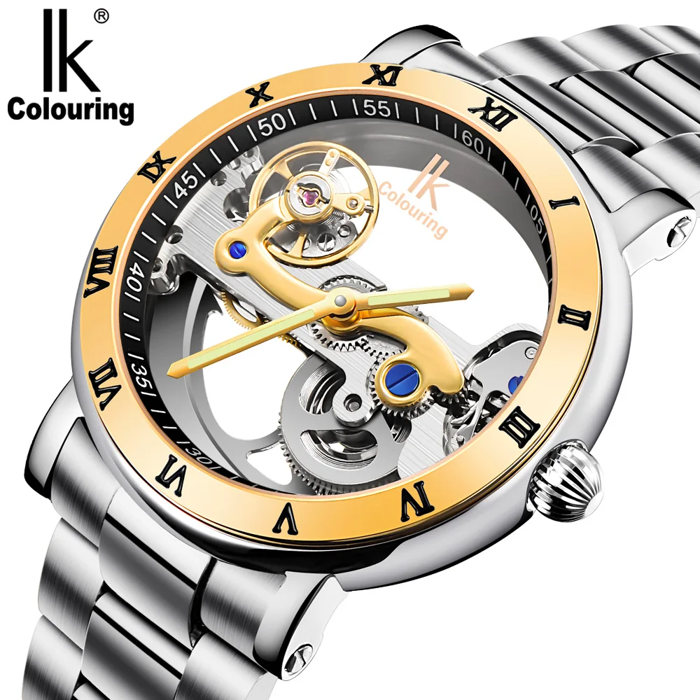IK colouring Man Watch 5ATM Waterproof Luxury Transparent Case Stainless Steel Band Male Mechanical Wristwatch Relogio Masculino