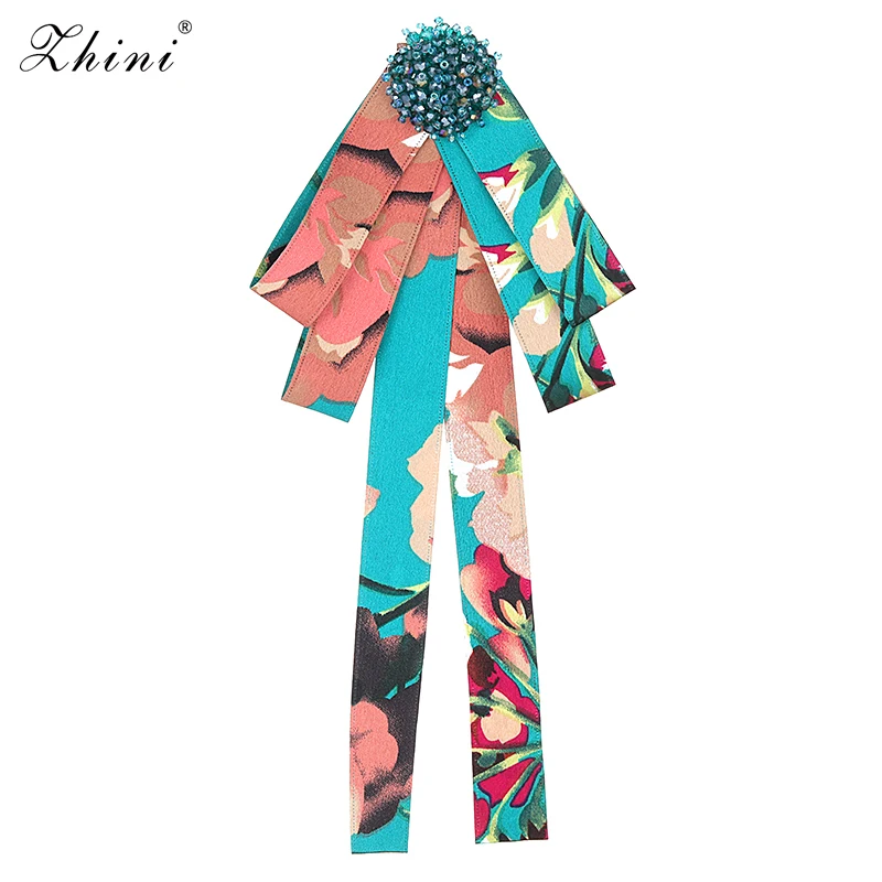 

ZHINI New Bow Crystal Women Brooches Pins Canvas Fabric Bowknot Bead Necktie Corsage Brooch for Women Clothing Dress Accessories