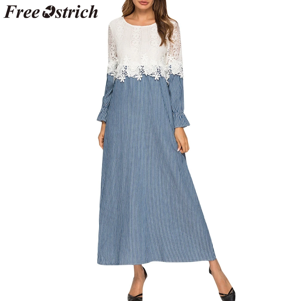 FREE OSTRICH Women Dress Splice Vintage Striped Print Long Sleeve ONeck Ankle-Length Dignified Charming Women Short Dress Summer