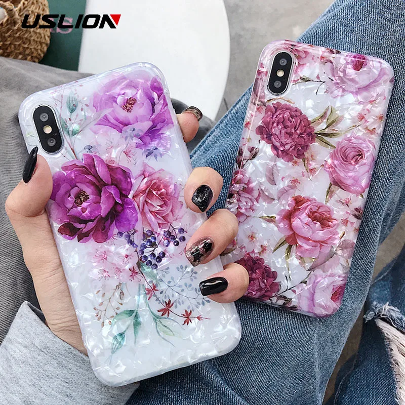 

USLION Bling Dream Shell Silicone Phone Case For iPhone X XR XS Max Glitter Flower Cases for iPhone 6 6S 8 7 Plus Soft TPU Cover