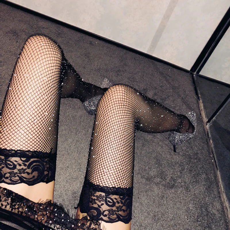 Sexy Women Stockings Shiny Fishnet Stocking High Quality Hollow Mesh Diamonds Plaid Knee LongSocks Sparkle Rhinestone High Knee