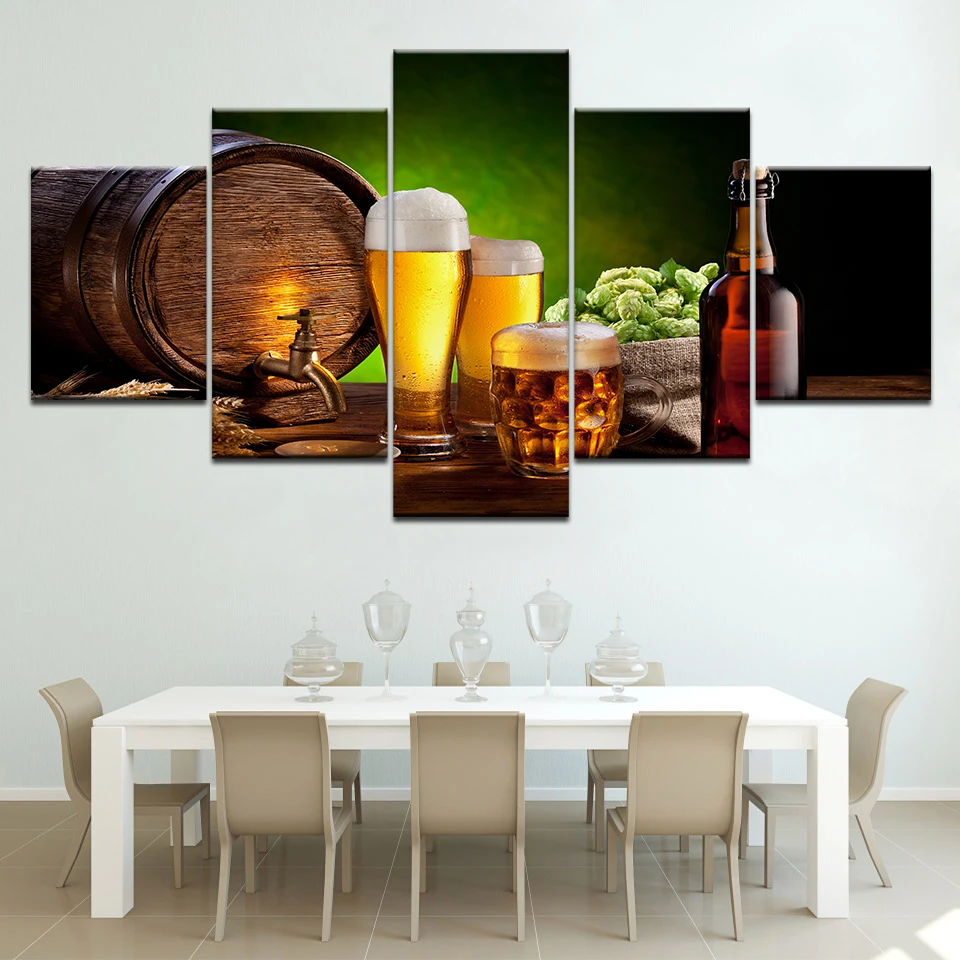 

HD Home Decoration Modern Canvas Living Room Printed 5 Panel Beer Barrel Pictures Painting Wall Art Modular Poster Framework