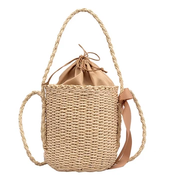 

JHD-Casual Silk Scarf Small Bucket Straw Bag Fashion Trend Single Shoulder Slung Woven Bag Beach Bag Female Messenger Bag