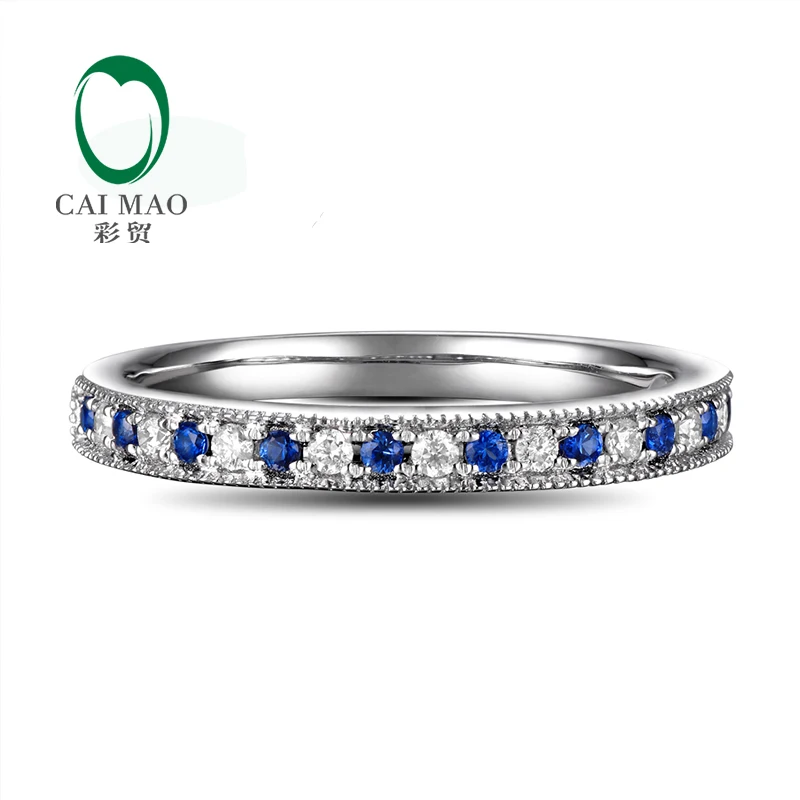 Caimao Jewelry 14K White Gold 0.13ct Sapphire & 0.09ct Diamonds Engagement Wedding Band Free shipping