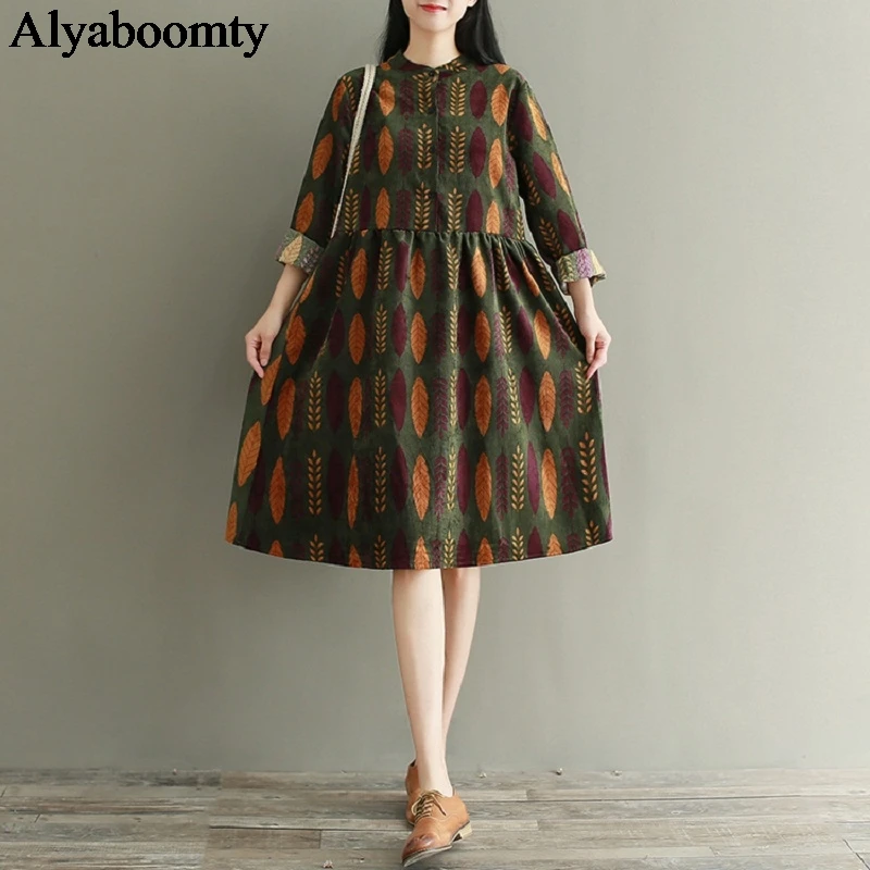 

Vintage Spring Autumn Women Corduroy Dress Stand Collar Full Sleeve Printed Vestidos Robe Casual Loose Mori Girl Cute Dress 2XL