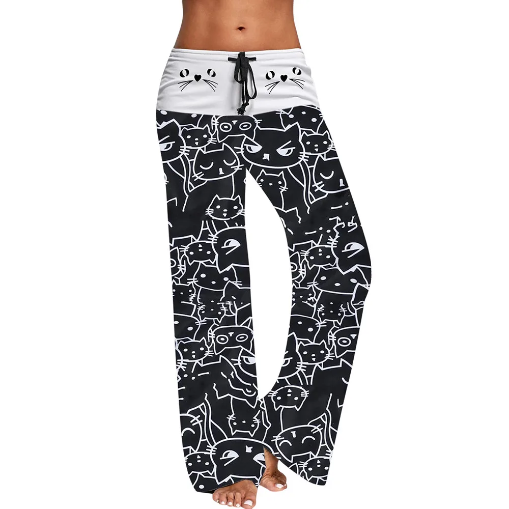 Cat print Running Leggings Women Wide Leg Pants Women Breathable Pantalones Yoga sport femme fitness#YL leaf print strappy detail wide leg jumpsuit