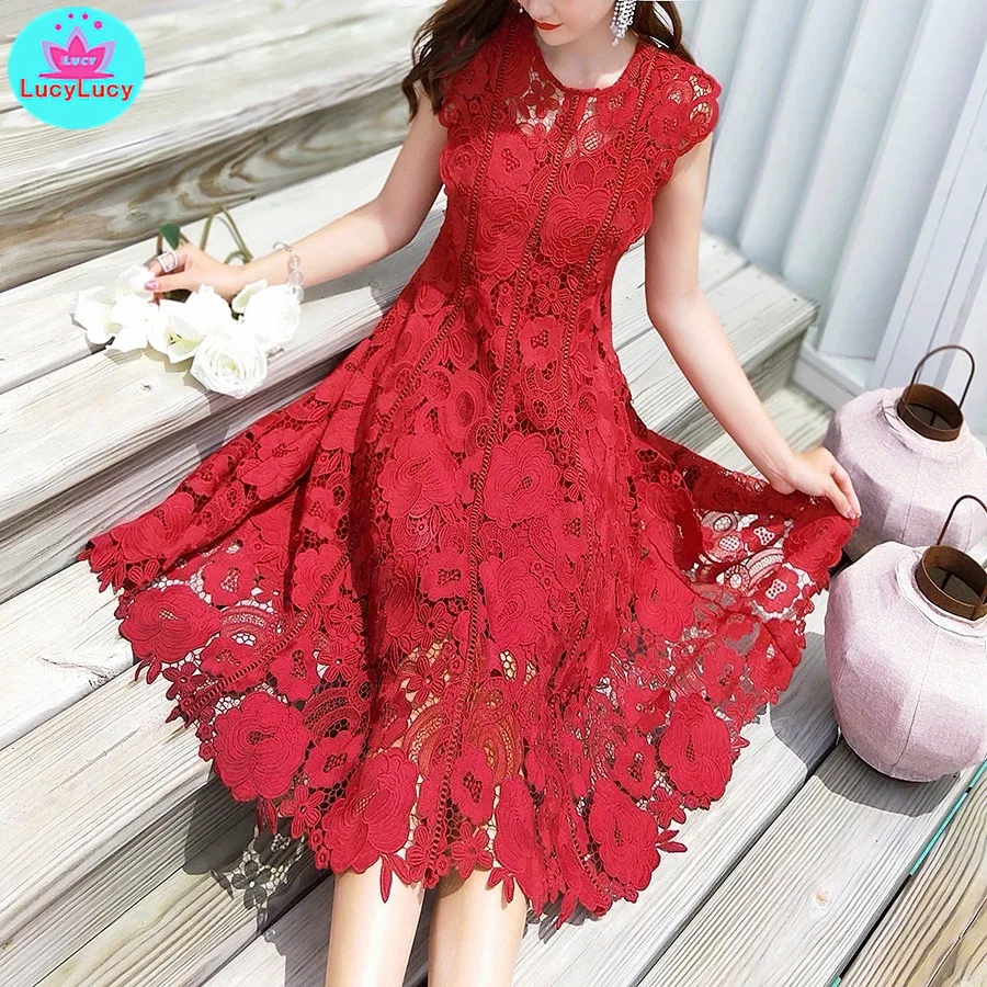 Летнее Новое Кружевное Ажурное красное платье в стиле ретро с поясом, кружевное платье до колен без рукавов