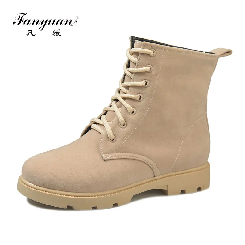 

Fanyuan Fashion Lace-Up Western boots Solid Round Toe Non-slip Ankle Boots Retro Flat Platform Martin Boots Autumn Women Shoes