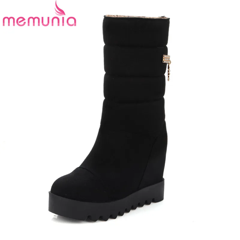 

MEMUNIA 2020 new arrival mid calf boots slip on round toe flock with rhinestone platform boots womens 9cm high heels boots