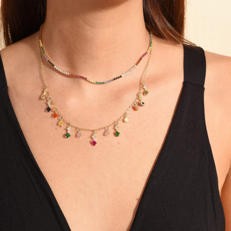 

2019 gold filled multi color rainbow jewelry girl women colorful Tassel charm colorful cz delicate sexy layer luxury jewelry