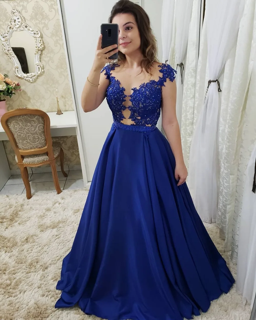 Vestidos de gala элегантное платье с коротким рукавом, кружевные Выпускные платья с аппликацией, длинное сексуальное вечернее платье трапециевидной формы с открытой спиной и поясом с бисером