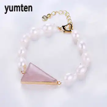 

white Pearl Bracelet strand infinity Womens bangle Jewelry Natural stone Gold plated Rose Quartz Triangle Accessories
