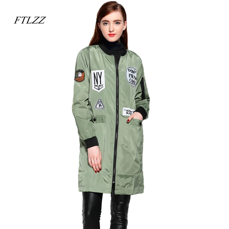 Ftlzz Autumn Women Medium Long Jacket Letter Print Slim Fashion Female Coats Zipper Plus Size Chic Bomber Jacket Women