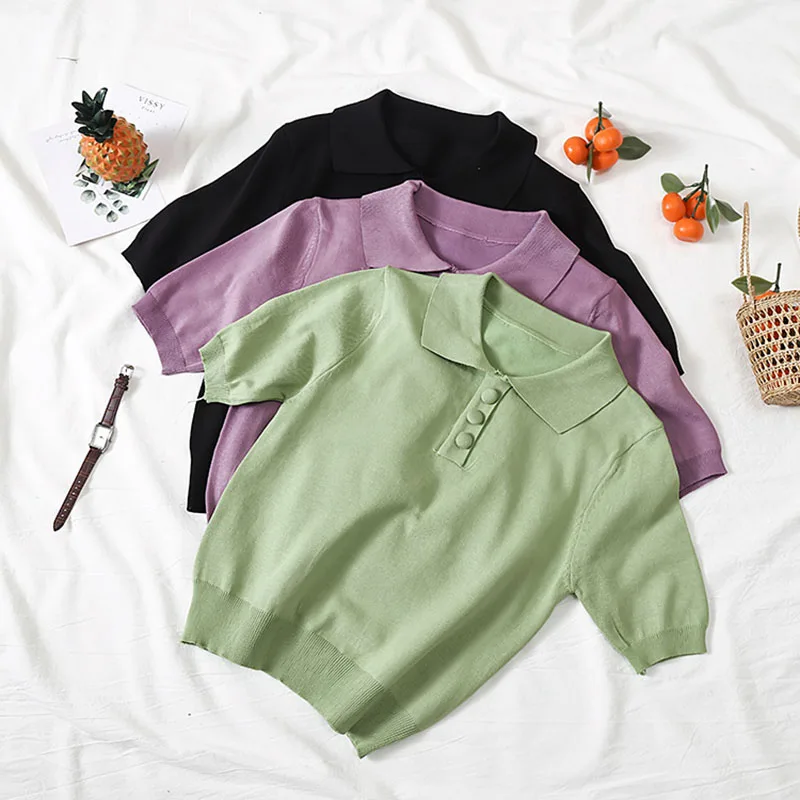 

Summer short-sleeved women's POLO collar casual candy color temperament POLO collar single-breasted sweater wear
