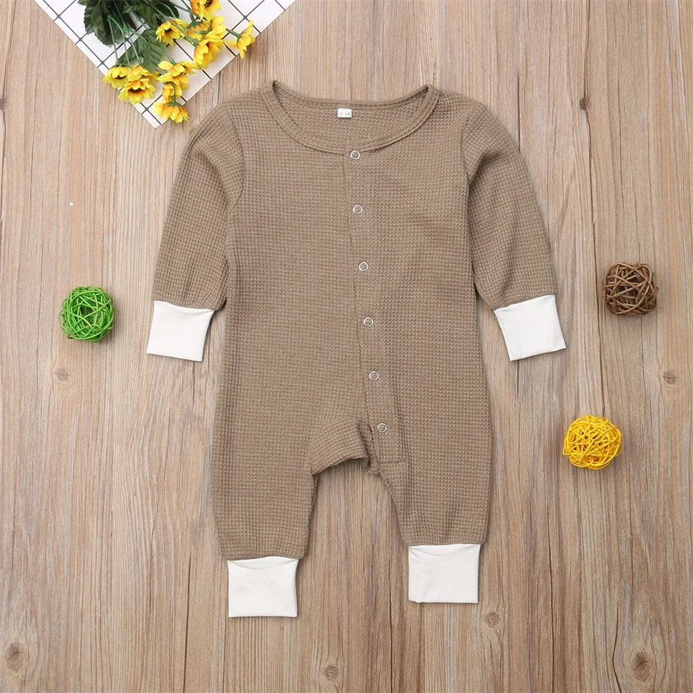 3-18M Newborn Baby Boy Girls One-Piece Jumpsuit Long Sleeve Single Breasted Romper Solid Playsuit Outfit