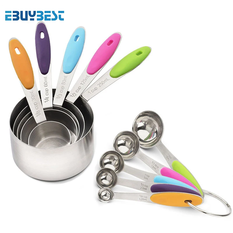 

10 PCS Professional Grade Spoons Set and Stainless Steel Measuring Cups with Soft Silicone Handles for Easy Grip