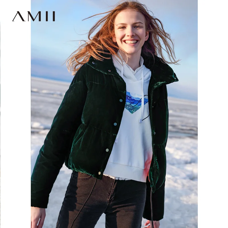 

Amii Minimalist Winter Short Down Jacket Women 2018 Preppy Style Solid Embroidery Floral Velvet Warm Femlae Short Hooded Caot