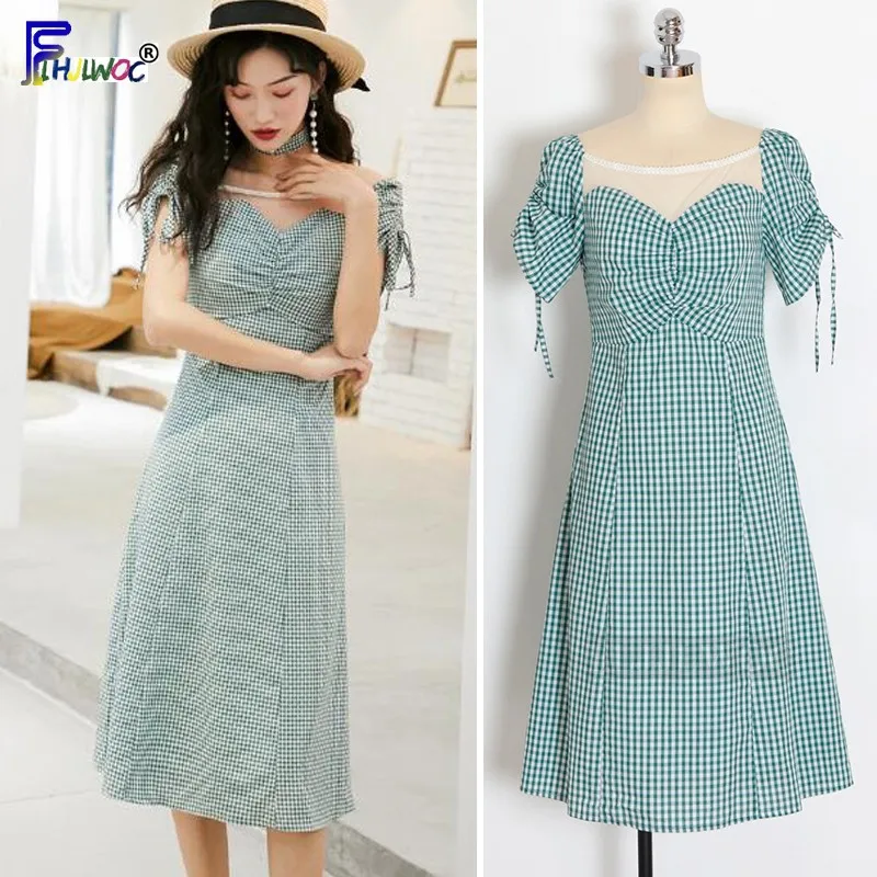 

A Line Dresses Sheer Women Korean Design Date Wedding Party Wear Draped Green Plaid Strapless Dress Beaded Vintage Cotton Linen